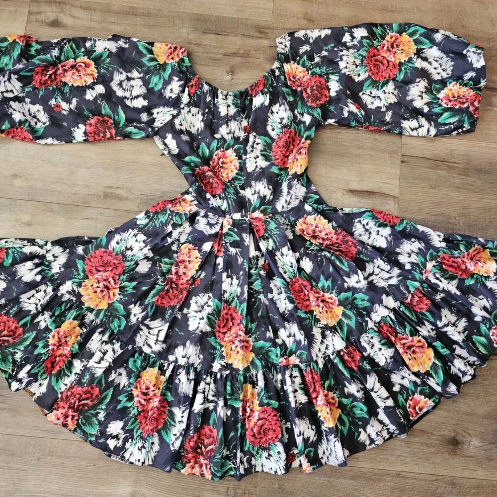 Kosmika Women’s Floral Puff Sleeve Dress 6921 Boho Tiered Cotton Blend Size 38